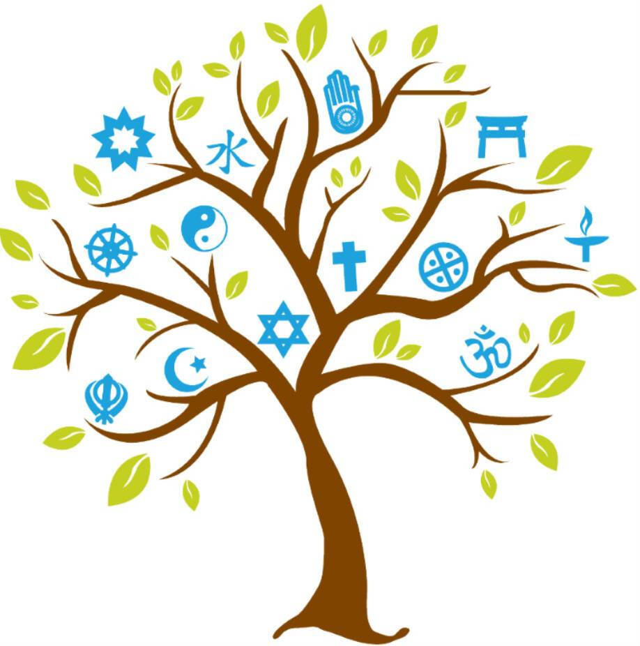 Interfaith thanksgiving image - symbol of many faiths depicted on a tree